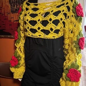Yellow Crochet Sweater with Red Accents